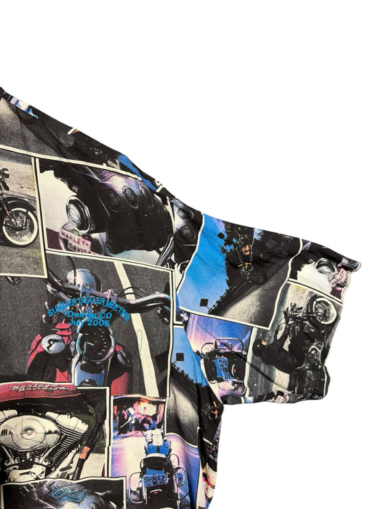 OutOf10 vintage Harley-Davidson short-sleeve button-down shirt with a dark motorcycle photo collage print