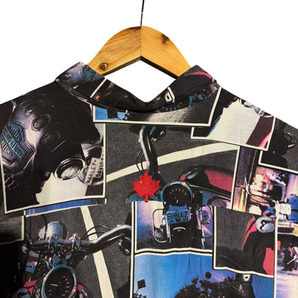 OutOf10 vintage Harley-Davidson button-down shirt with an all-over motorcycle photo collage print and red maple leaf