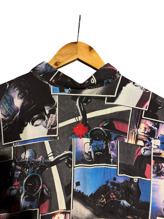 OutOf10 vintage Harley-Davidson button-down shirt with an all-over motorcycle photo collage print and red maple leaf