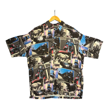 OutOf10 vintage Harley-Davidson short-sleeve button-down shirt with an all-over motorcycle photo collage print