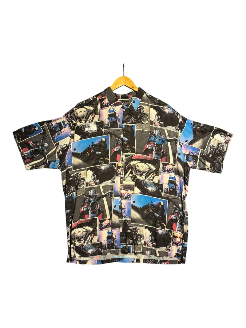 OutOf10 vintage Harley-Davidson short-sleeve button-down shirt with an all-over motorcycle photo collage print