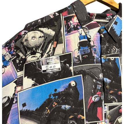 OutOf10 vintage Harley-Davidson button-down shirt with a dark motorcycle photo collage print and short sleeves.