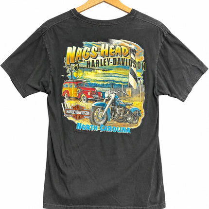 OutOf10 charcoal grey Harley-Davidson graphic t-shirt featuring a Nags Head North Carolina scene on the back