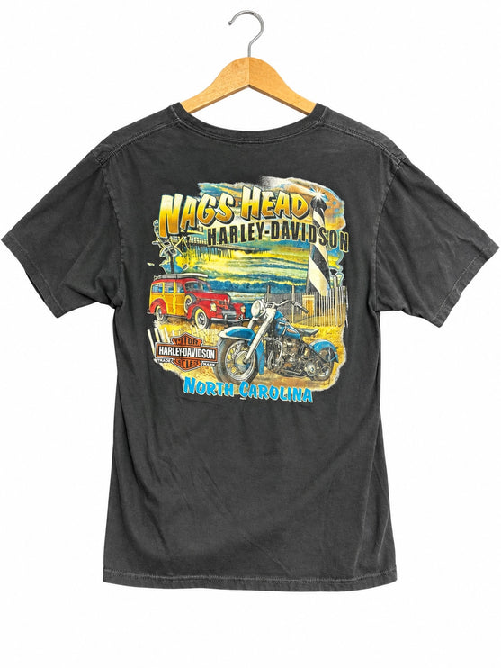 OutOf10 charcoal grey Harley-Davidson graphic t-shirt featuring a Nags Head North Carolina scene on the back