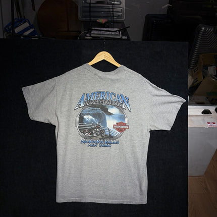 OutOf10 grey Harley-Davidson Niagara Falls graphic t-shirt with motorcycle and waterfall print on the back