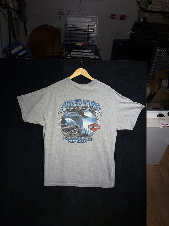 OutOf10 grey Harley-Davidson Niagara Falls graphic t-shirt with motorcycle and waterfall print on the back