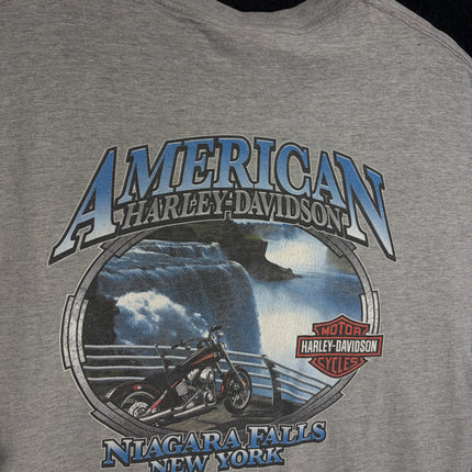 OutOf10 grey cotton-blend t-shirt featuring a Harley-Davidson motorcycle graphic at Niagara Falls on the back.