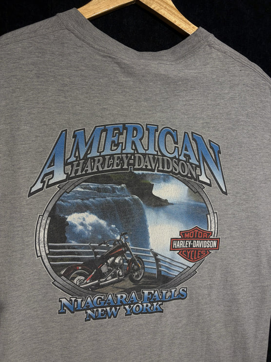 OutOf10 grey cotton-blend t-shirt featuring a Harley-Davidson motorcycle graphic at Niagara Falls on the back.