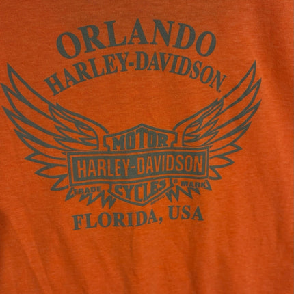 OutOf10 orange Harley-Davidson V-neck t-shirt featuring an Orlando Florida graphic with wings on the back