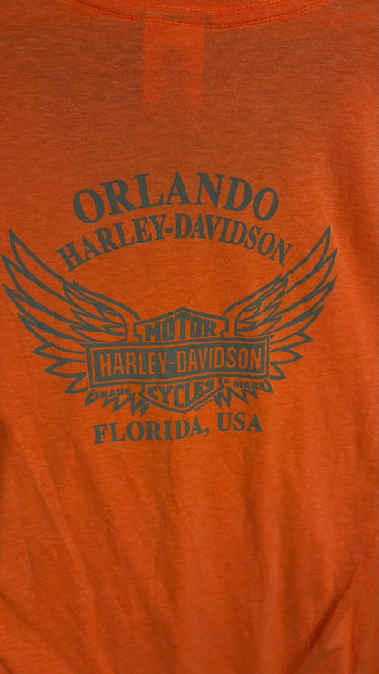 OutOf10 orange Harley-Davidson V-neck t-shirt featuring an Orlando Florida graphic with wings on the back