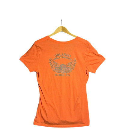 OutOf10 orange Harley-Davidson V-neck t-shirt with Orlando Florida wing graphic on the back, hanging on a hanger.