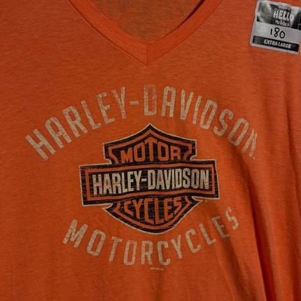 OutOf10 Harley-Davidson orange V-neck graphic t-shirt with distressed logo print on the front