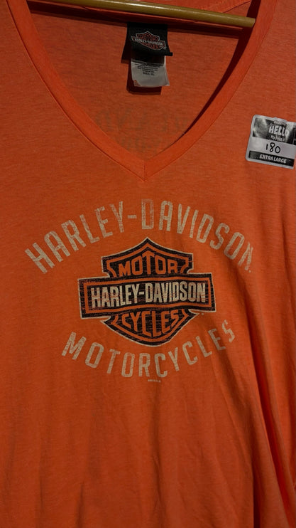 OutOf10 Harley-Davidson orange V-neck graphic t-shirt with distressed logo print on the front