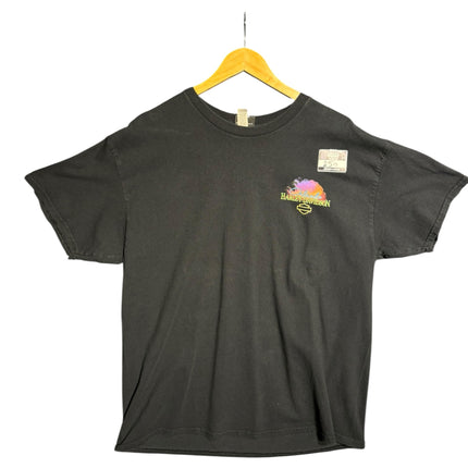 OutOf10 black Harley-Davidson Orlando graphic cotton t-shirt with a small front logo on a wooden hanger