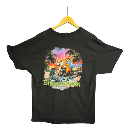 OutOf10 black Harley-Davidson Orlando graphic t-shirt featuring a motorcycle and tropical sunset on the back