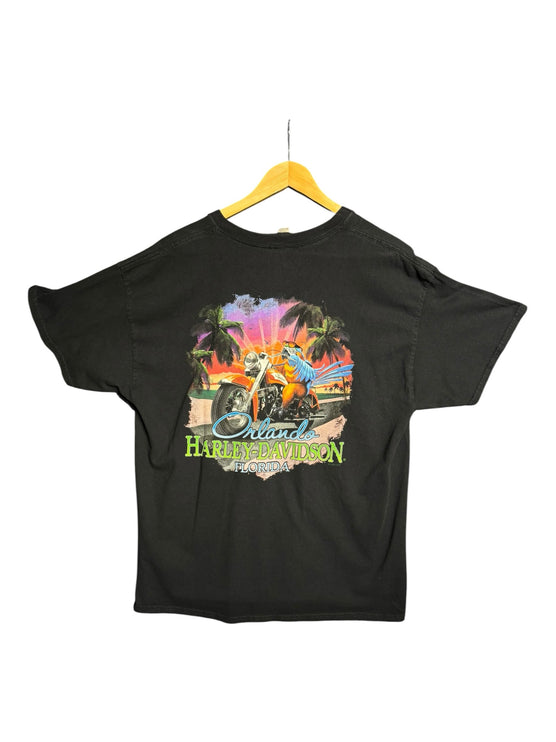 OutOf10 black Harley-Davidson Orlando graphic t-shirt featuring a motorcycle and tropical sunset on the back