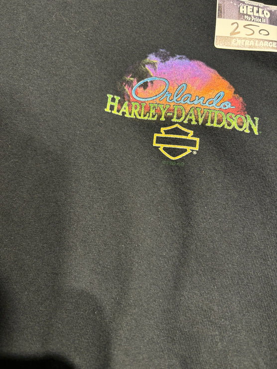 OutOf10 black cotton t-shirt featuring a vibrant Harley-Davidson Orlando graphic with a tropical sunset design.