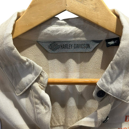 OutOf10 Harley-Davidson beige and white plaid long sleeve button-down shirt with interior brand neck label