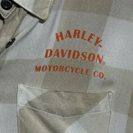 OutOf10 Harley-Davidson beige and white plaid button-down shirt with orange embroidered chest logo and pocket