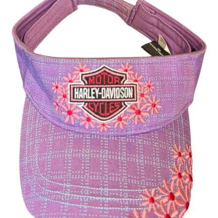 OutOf10 purple cotton Harley-Davidson sun visor with plaid pattern, embroidered floral details, and logo shield.