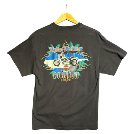 OutOf10 black Harley-Davidson Roatan Honduras graphic t-shirt featuring a motorcycle illustration on the back