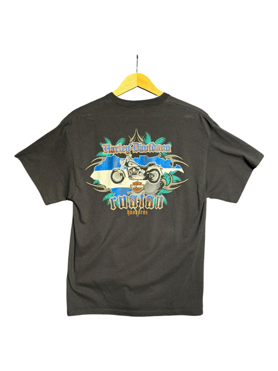 OutOf10 black Harley-Davidson Roatan Honduras graphic t-shirt featuring a motorcycle illustration on the back