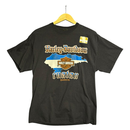 OutOf10 black Harley-Davidson Roatan Honduras graphic t-shirt with blue map and orange logo on soft cotton fabric