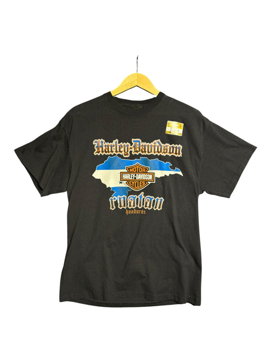 OutOf10 black Harley-Davidson Roatan Honduras graphic t-shirt with blue map and orange logo on soft cotton fabric