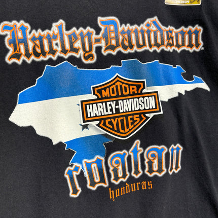 OutOf10 black cotton Harley-Davidson Roatan Honduras graphic t-shirt with blue and orange logo details