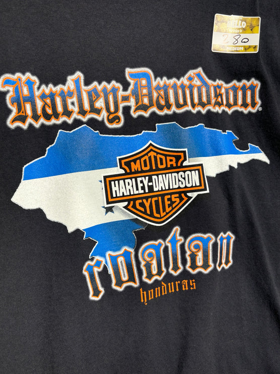 OutOf10 black cotton Harley-Davidson Roatan Honduras graphic t-shirt with blue and orange logo details