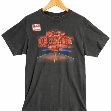 OutOf10 vintage-style washed black cotton Harley-Davidson graphic t-shirt with a highway horizon logo on a hanger