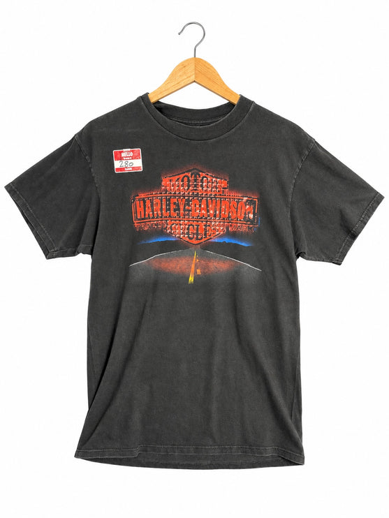 OutOf10 vintage-style washed black cotton Harley-Davidson graphic t-shirt with a highway horizon logo on a hanger