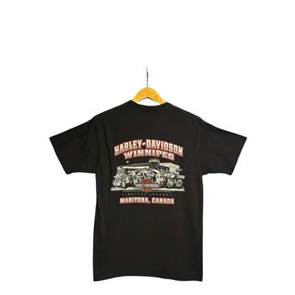 OutOf10 black Harley-Davidson Winnipeg graphic t-shirt featuring a motorcycle dealership print on the back
