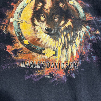 OutOf10 vintage black Harley-Davidson t-shirt featuring a detailed wolf graphic in a circular emblem with 90s style