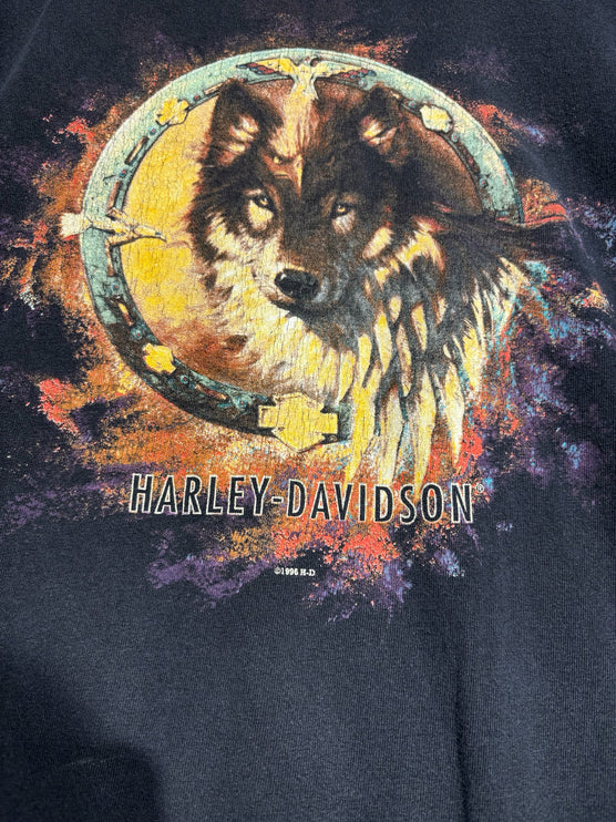 OutOf10 vintage black Harley-Davidson t-shirt featuring a detailed wolf graphic in a circular emblem with 90s style