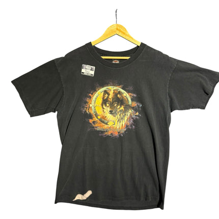OutOf10 vintage black Harley-Davidson crewneck t-shirt featuring a wolf graphic emblem and distressed hem detail.