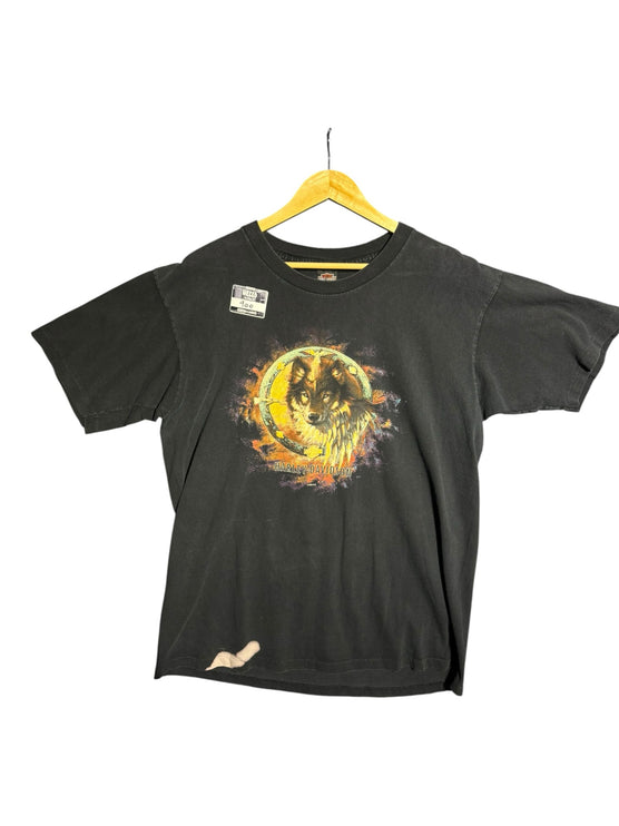 OutOf10 vintage black Harley-Davidson crewneck t-shirt featuring a wolf graphic emblem and distressed hem detail.