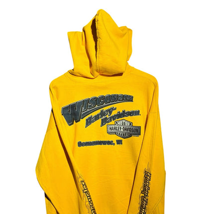 OutOf10 yellow Harley-Davidson pullover hoodie featuring a Wisconsin Oconomowoc back graphic and flame sleeve details.