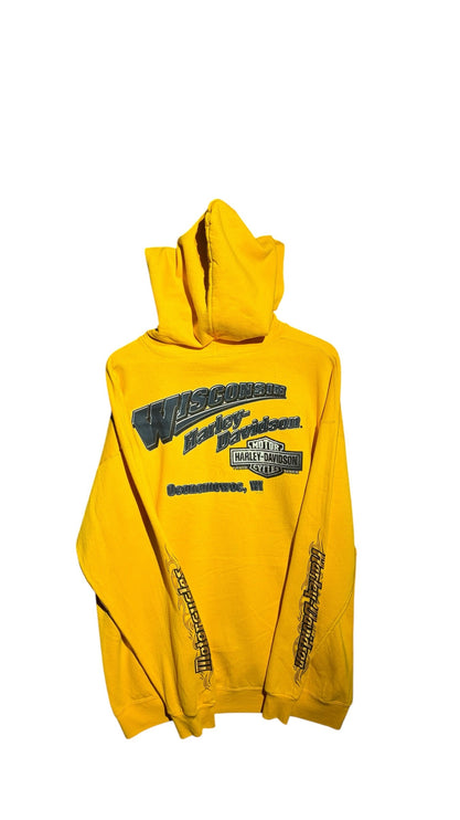 OutOf10 yellow Harley-Davidson pullover hoodie featuring a Wisconsin Oconomowoc back graphic and flame sleeve details.