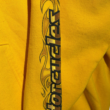 OutOf10 yellow Harley-Davidson pullover hoodie sleeve with black flame-inspired motorcycle text graphic