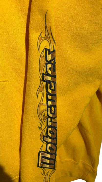 OutOf10 yellow Harley-Davidson pullover hoodie sleeve with black flame-inspired motorcycle text graphic