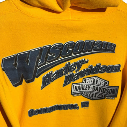 OutOf10 yellow Harley-Davidson pullover hoodie featuring a Wisconsin Oconomowoc graphic and flame sleeve details