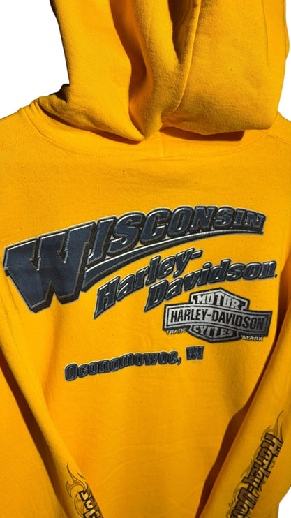OutOf10 yellow Harley-Davidson pullover hoodie featuring a Wisconsin Oconomowoc graphic and flame sleeve details