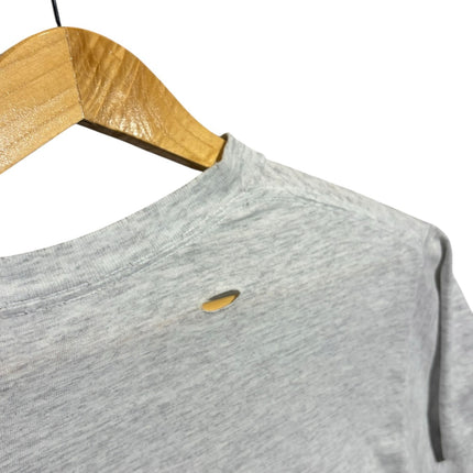 OutOf10 heather grey cotton-blend t-shirt with a small distress hole near the neckline on a wooden hanger