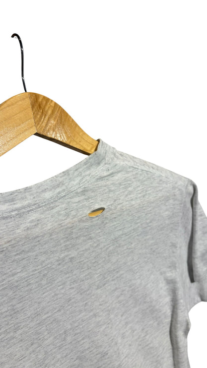 OutOf10 heather grey cotton-blend t-shirt with a small distress hole near the neckline on a wooden hanger