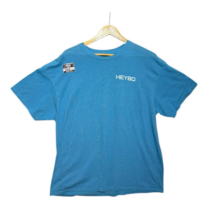 OutOf10 blue HEYBO graphic crewneck t-shirt with a minimalist chest logo on a wooden hanger