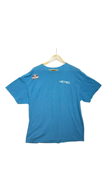 OutOf10 blue HEYBO graphic crewneck t-shirt with a minimalist chest logo on a wooden hanger