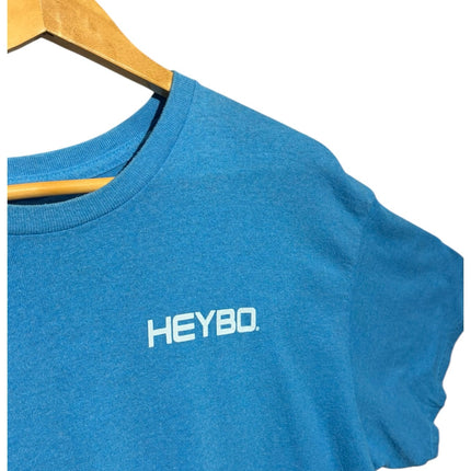 OutOf10 blue HEYBO graphic crewneck t-shirt with white chest logo hanging on a wooden hanger