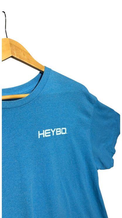 OutOf10 blue HEYBO graphic crewneck t-shirt with white chest logo hanging on a wooden hanger