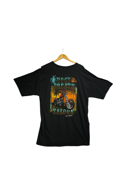 OutOf10 black cotton t-shirt with a vibrant Hog's Breath Saloon motorcycle and tropical sunset graphic on the back